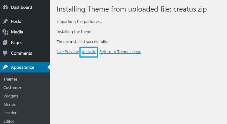 Install Creatus WordPress Theme 4